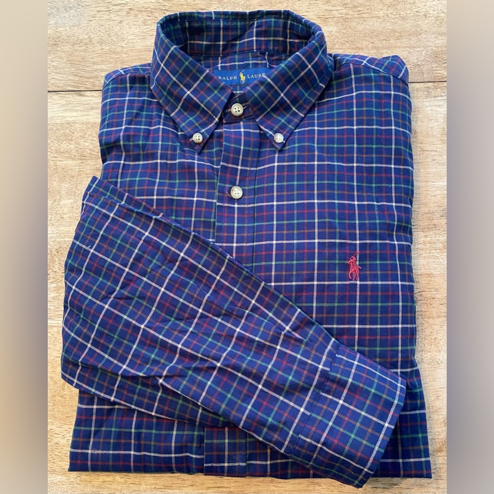 Polo by Ralph Lauren Men’s Size Large Navy Plaid Cotton‎ Long Sleeve Button Down